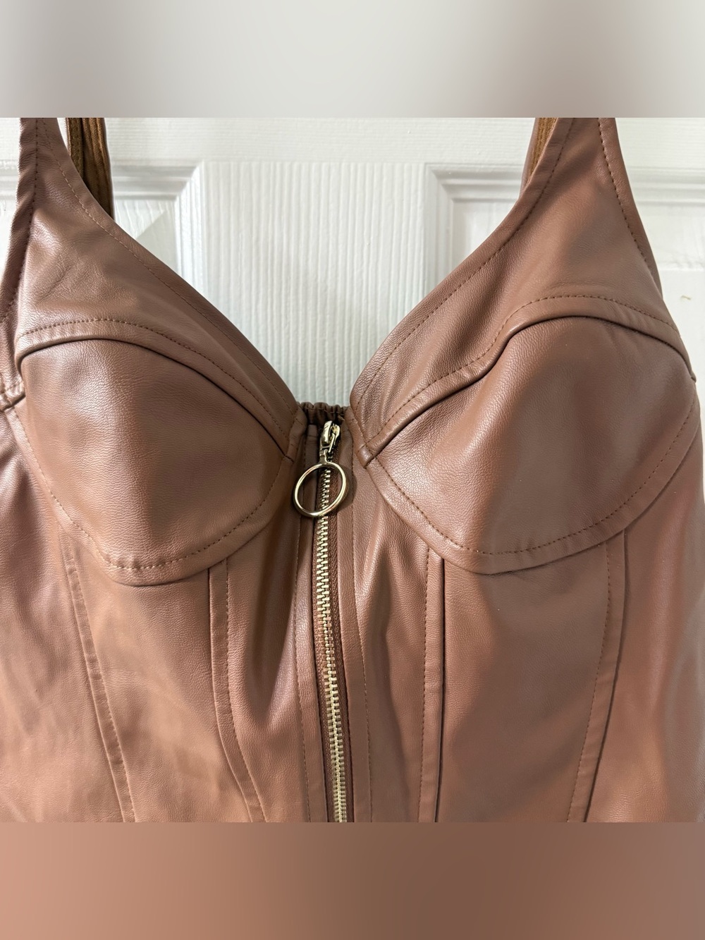 Guess Faux Leather Bustier Zip Front Top in Warm Brown
